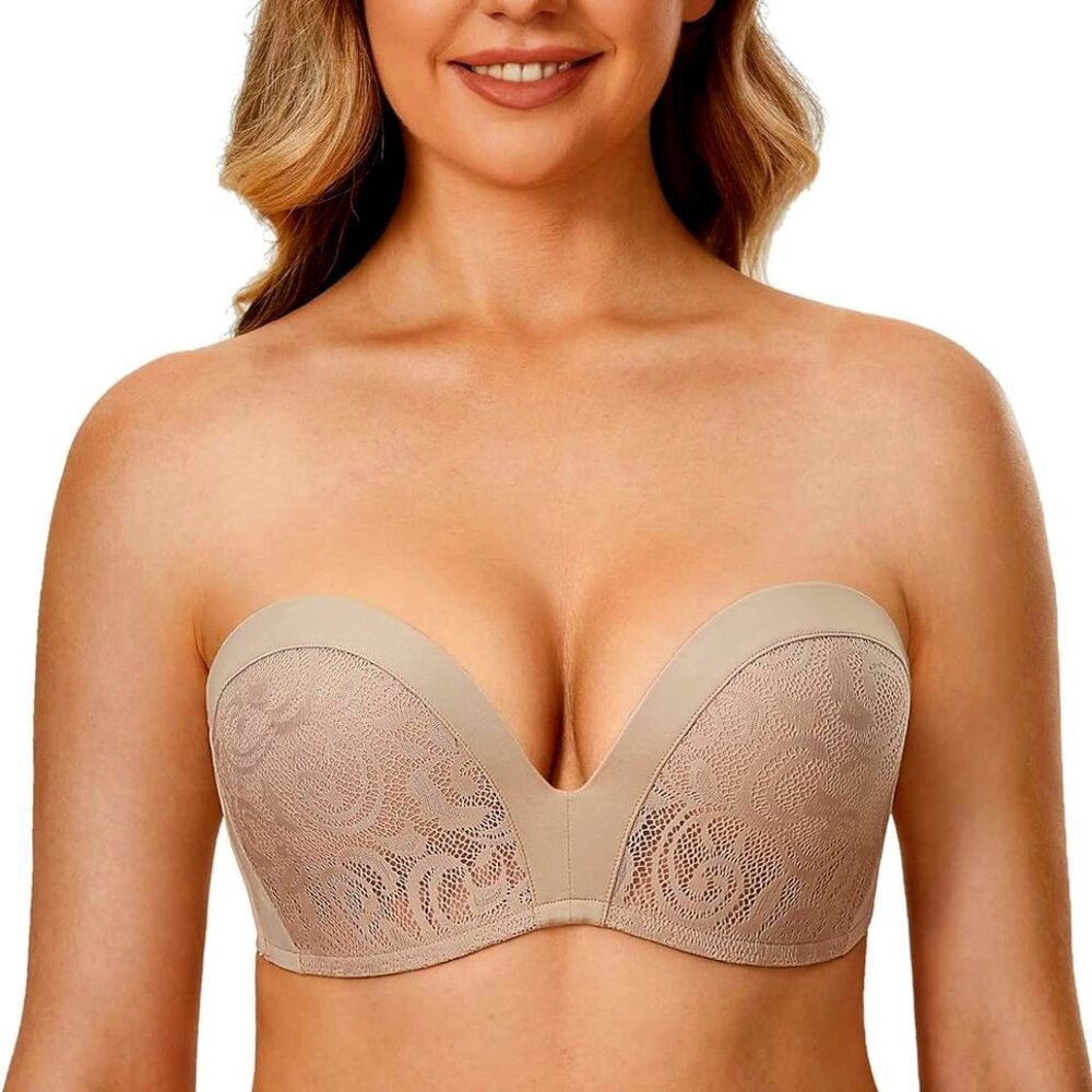 Delmira Lace Strapless Push Up Beige Plunge Bra 36E 36DD Nude Wireless
